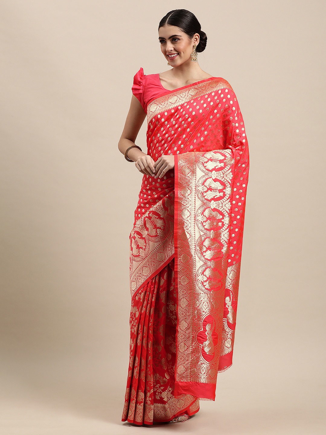 

VRSALES Pink Ethnic Motifs Zari Silk Blend Banarasi Saree