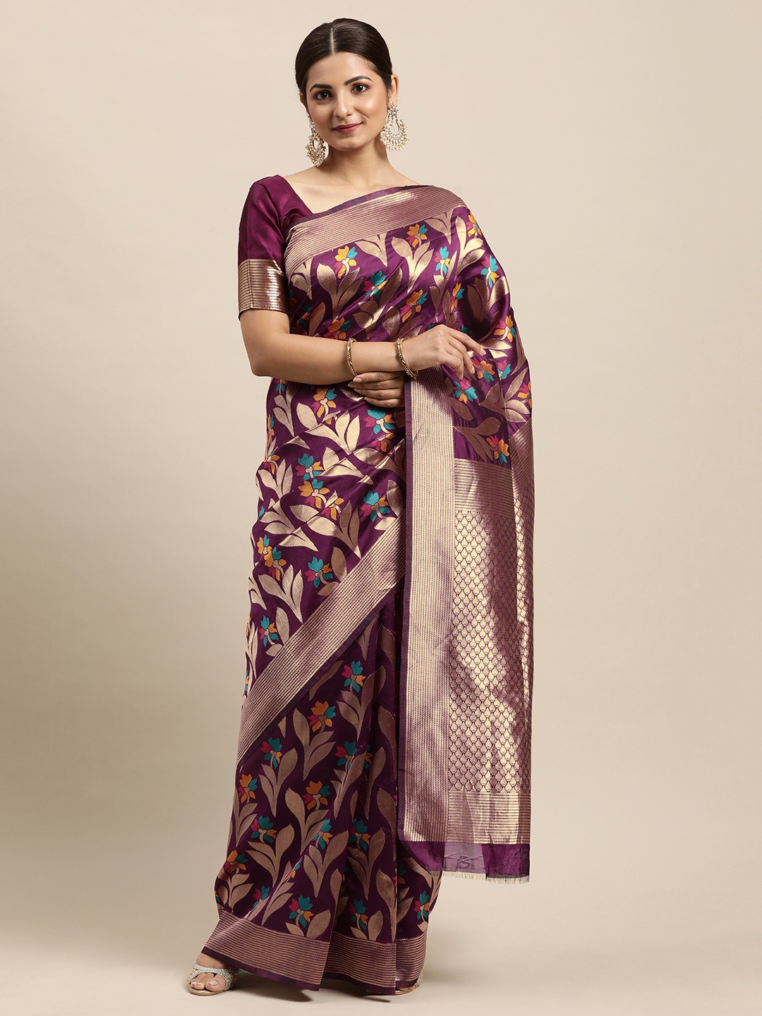 

VRSALES Purple & Gold-Toned Floral Zari Pure Silk Banarasi Saree