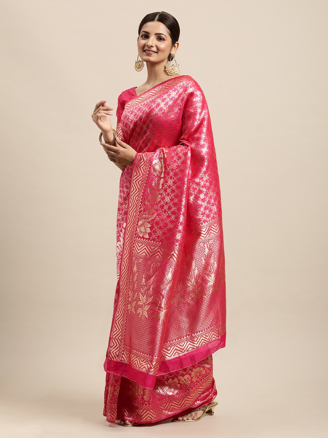 

VRSALES Pink Woven Design Zari Pure Silk Banarasi Saree with Blouse Piece