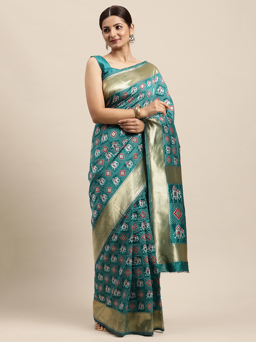 

VRSALES Sea Green Ethnic Motifs Zari Silk Blend Banarasi Saree