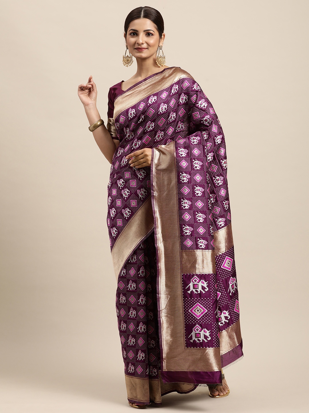 

VRSALES Purple Ethnic Motifs Zari Silk Blend Banarasi Saree