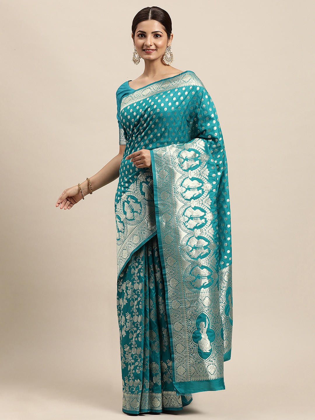 

VRSALES Turquoise Blue & Gold-Toned Floral Zari Pure Silk Banarasi Saree