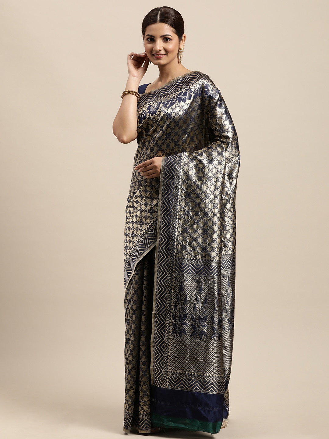 

VRSALES Navy Blue Ethnic Motifs Pure Silk Banarasi Saree