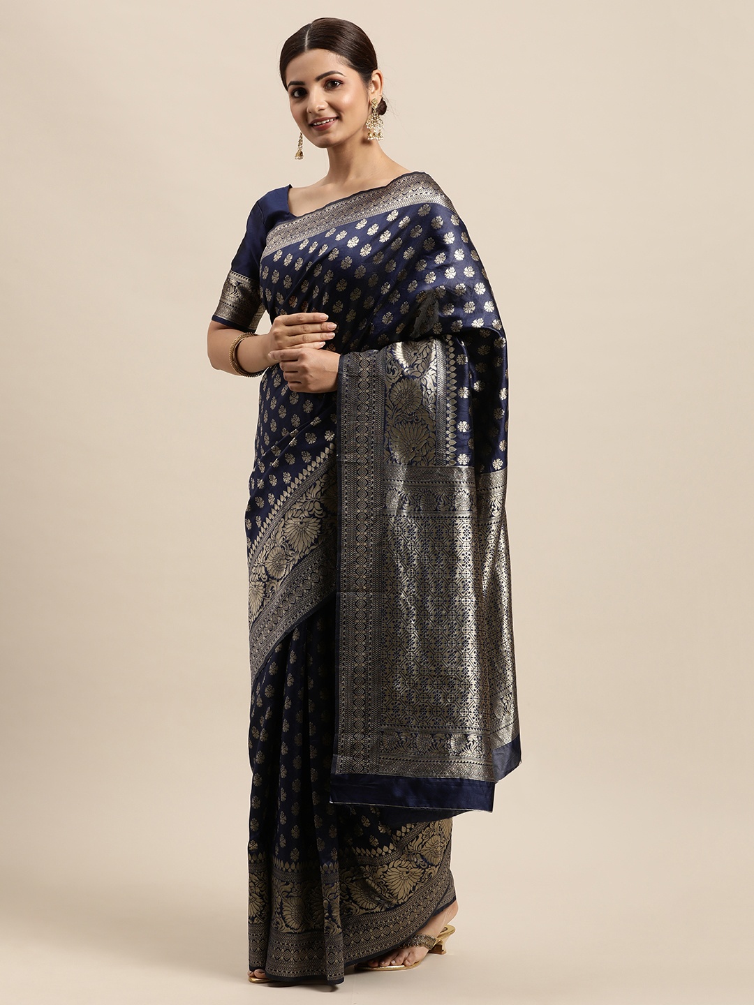 

VRSALES Navy Blue Woven Design Zari Pure Silk Banarasi Saree with Blouse Piece