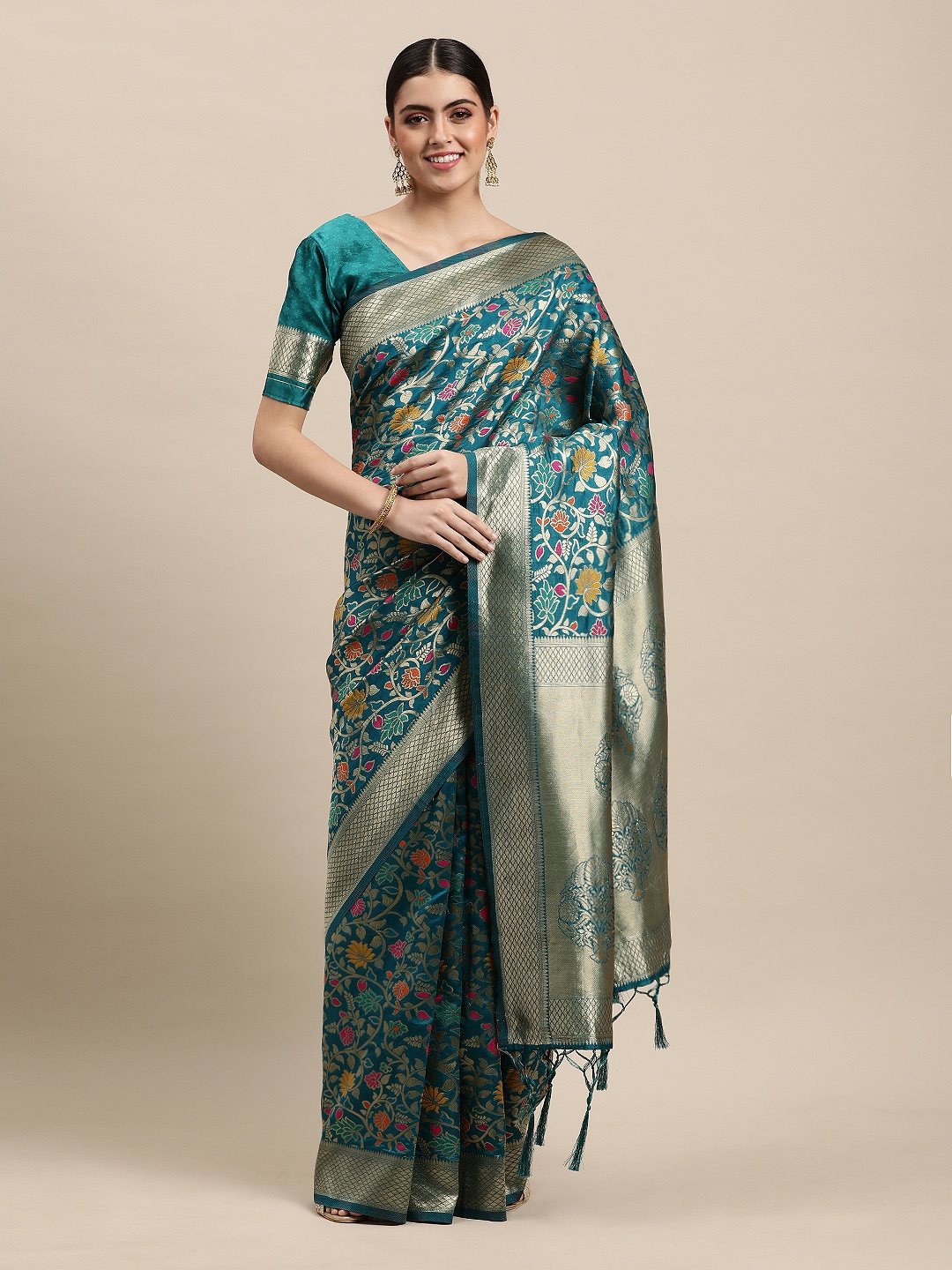 

VRSALES Sea Green Ethnic Motifs Zari Silk Blend Banarasi Saree