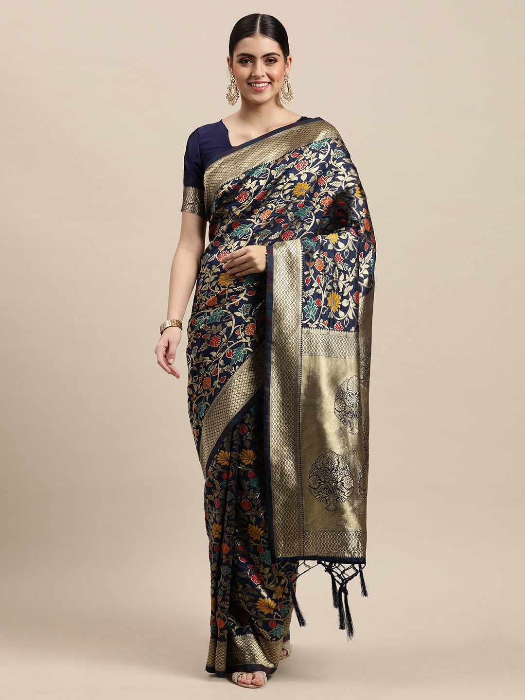 

VRSALES Navy Blue & Gold-Toned Floral Banarasi Silk Woven Saree