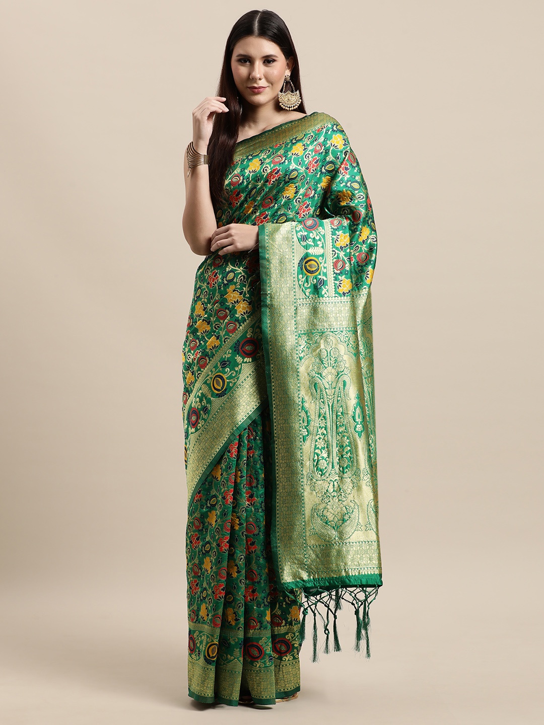 

VRSALES Green Floral Zari Silk Blend Banarasi Saree
