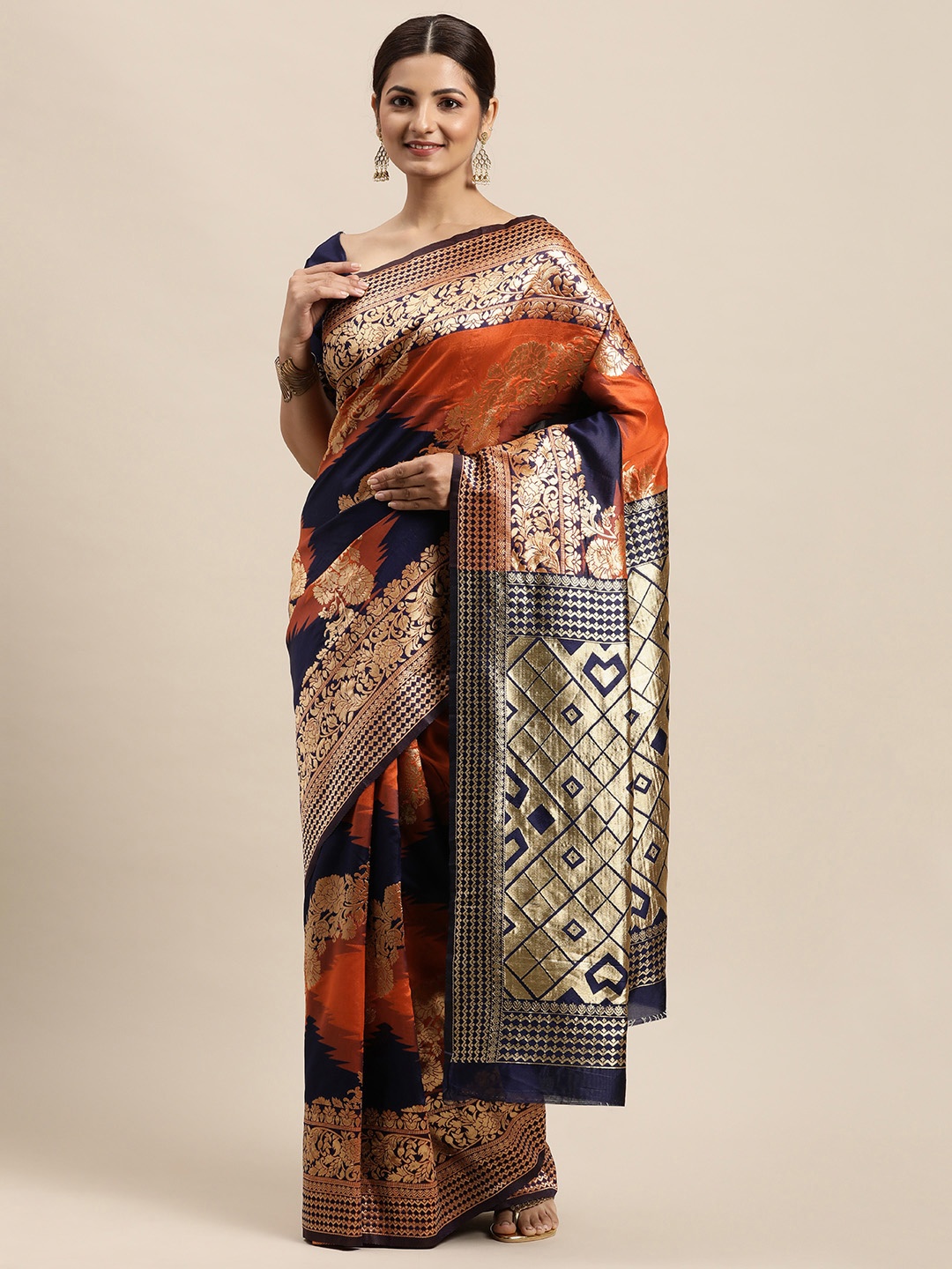 

VRSALES Rust Orange & Navy Blue Woven Design Zari Pure Silk Banarasi Saree with Blouse
