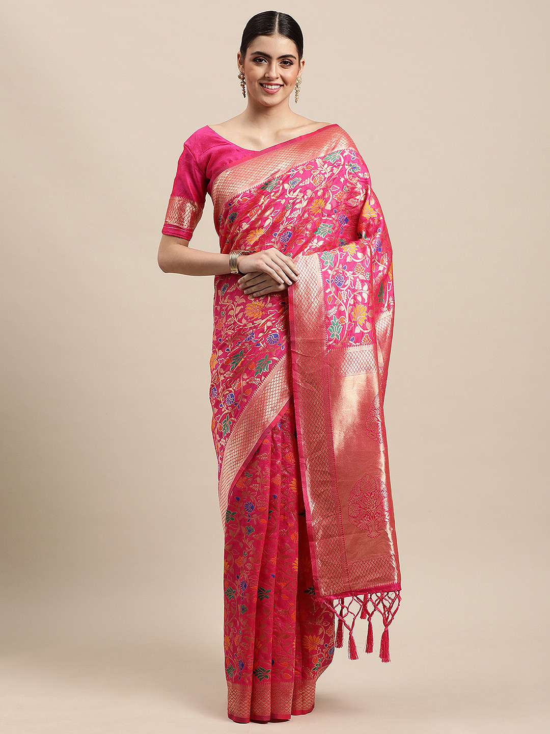 

VRSALES Pink & Gold-Toned Floral Banarasi Silk Woven Saree