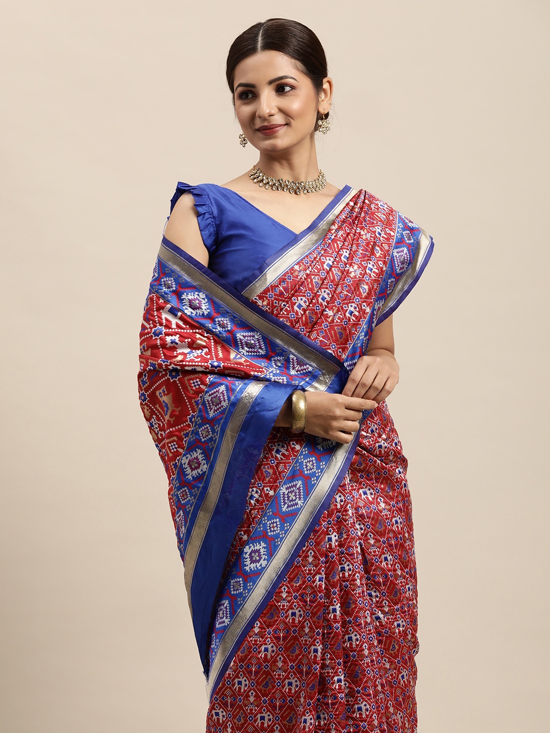

VRSALES Red Ethnic Motifs Zari Silk Blend Banarasi Saree