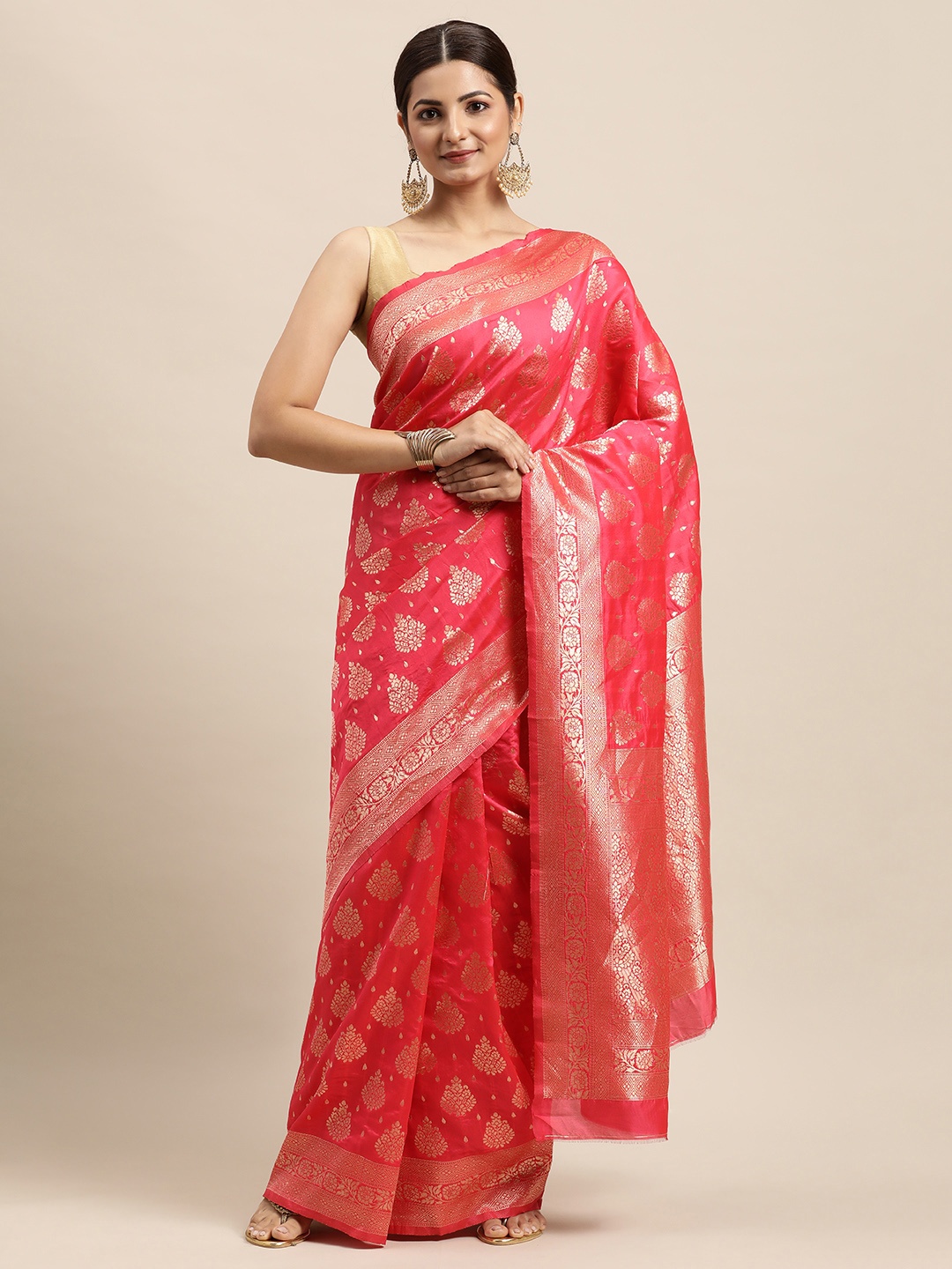 

VRSALES Coral Pink Woven Design Zari Pure Silk Banarasi Saree with Blouse Piece