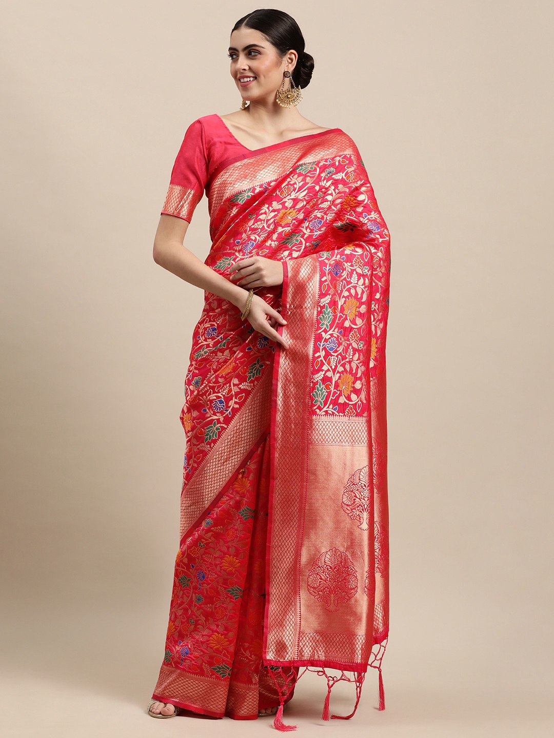 

VRSALES Magenta & Gold-Toned Ethnic Motifs Banarasi Silk Woven Saree