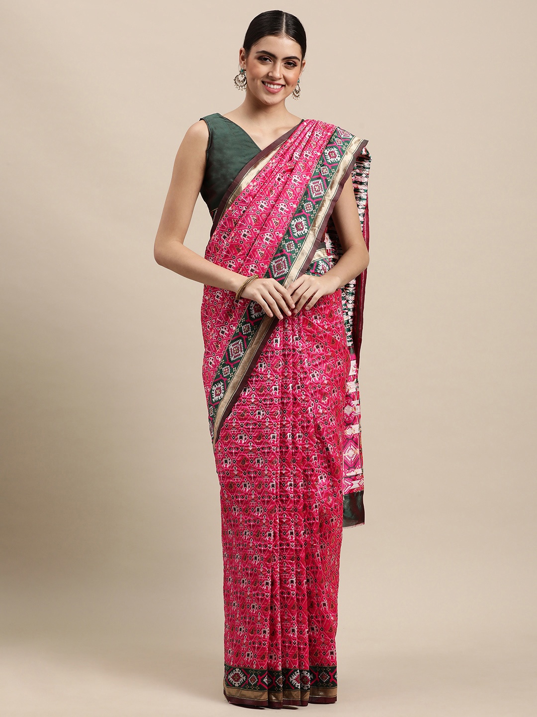 

VRSALES Magenta & Green Ethnic Motifs Banarasi Silk Woven Saree
