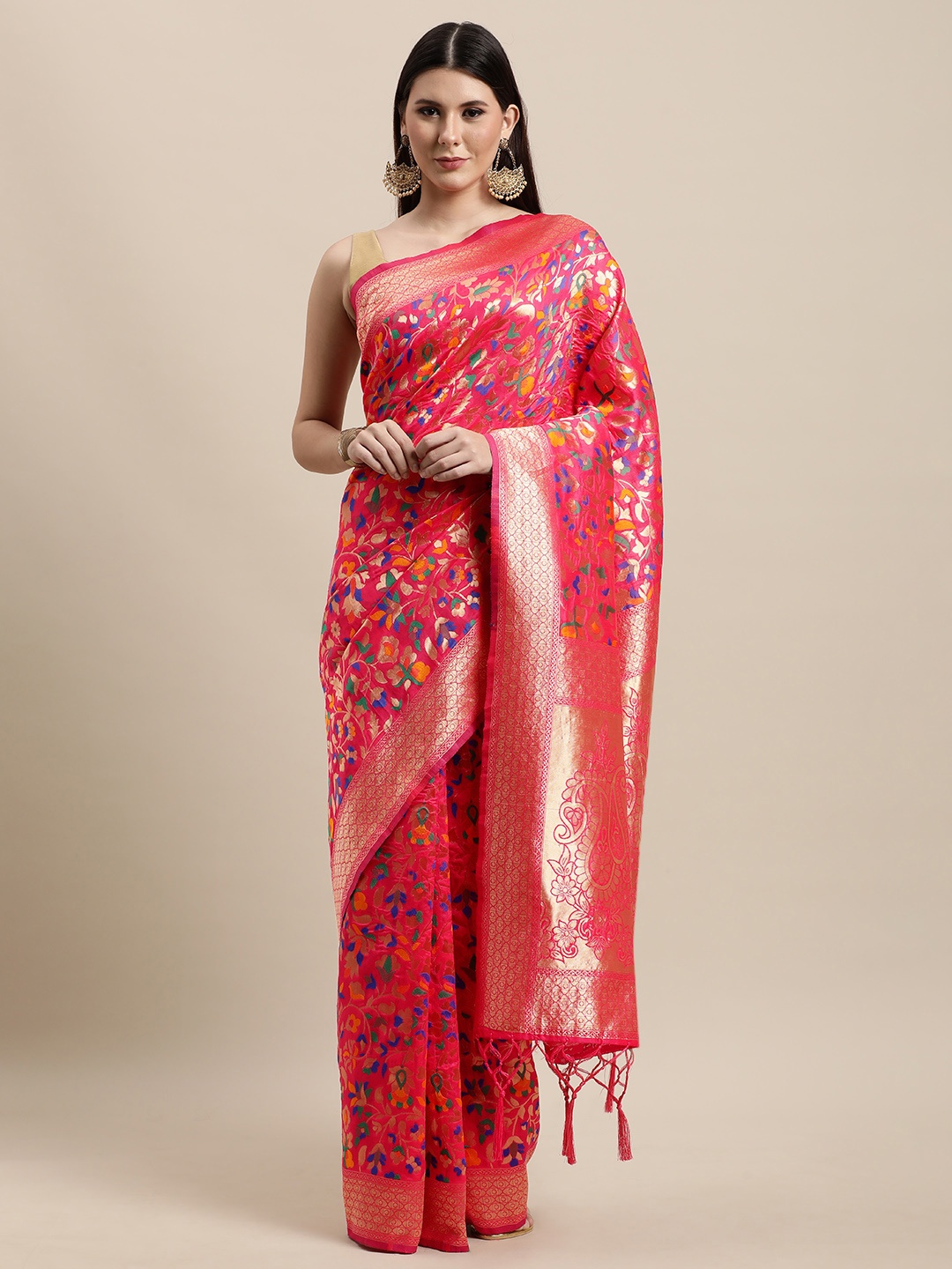 

VRSALES Magenta & Gold-Toned Floral Zari Silk Blend Banarasi Saree