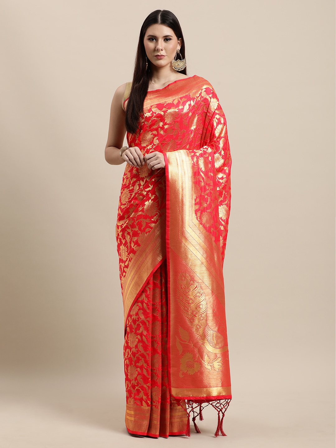 

VRSALES Red & Gold-Toned Floral Zari Silk Blend Banarasi Saree