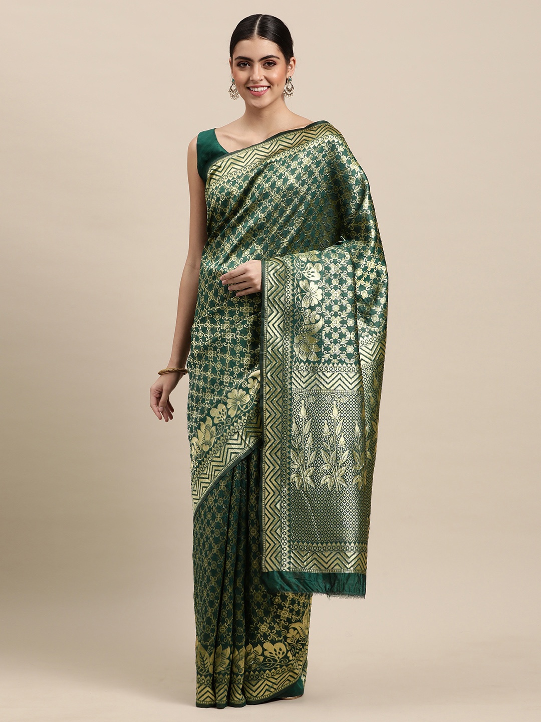 

VRSALES Green & Gold-Toned Floral Banarasi Silk Woven Saree