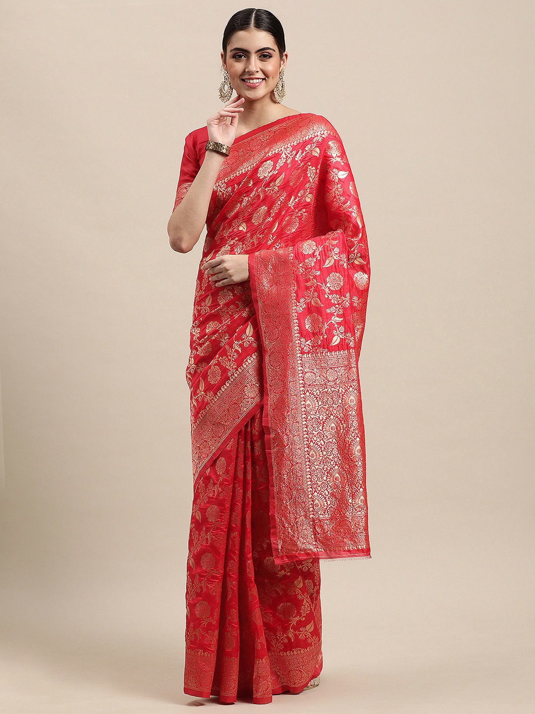 

VRSALES Red & Gold-Toned Floral Banarasi Silk Woven Saree
