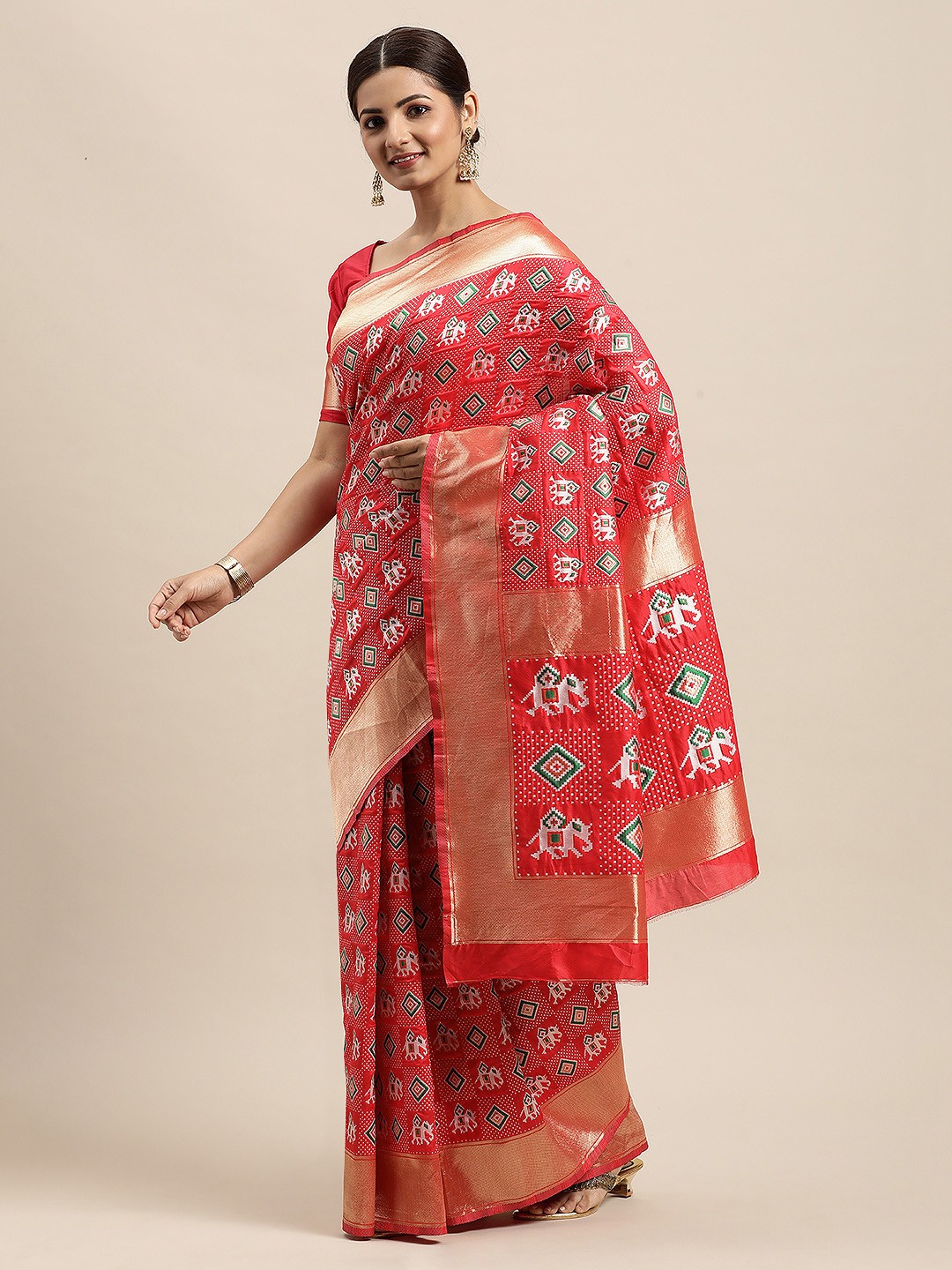 

VRSALES Red Woven Design Zari Pure Silk Banarasi Saree With Blouse Piece