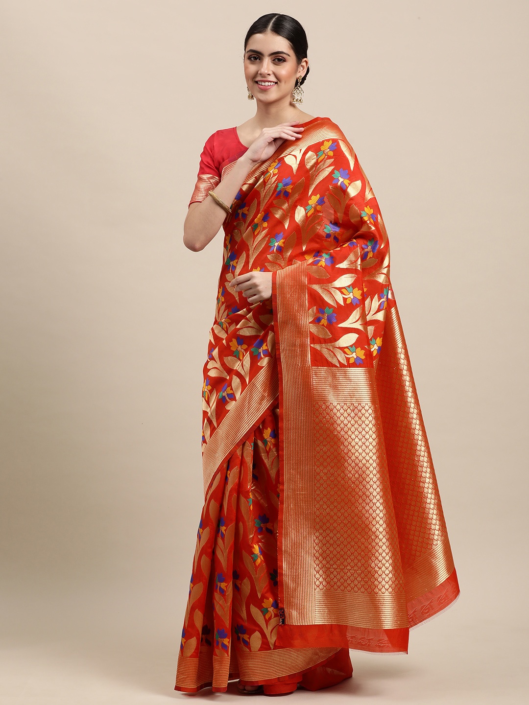 

VRSALES Red Floral Zari Silk Blend Banarasi Saree