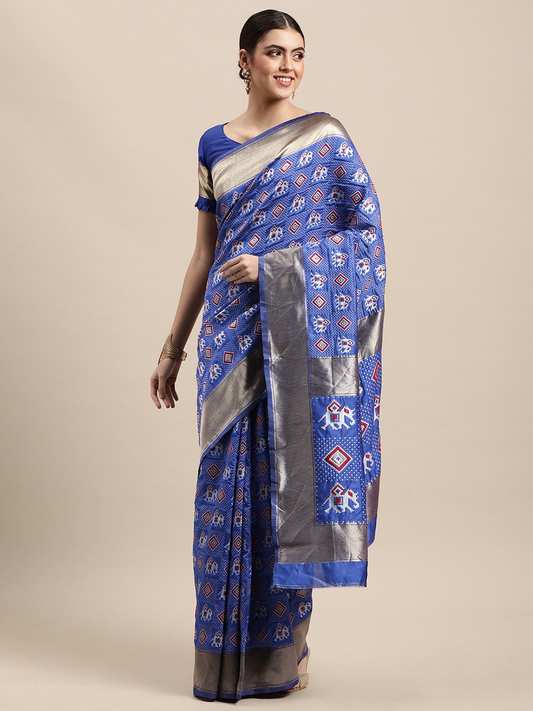 

VRSALES Blue & Gold-Toned Ethnic Motifs Banarasi Silk Woven Saree