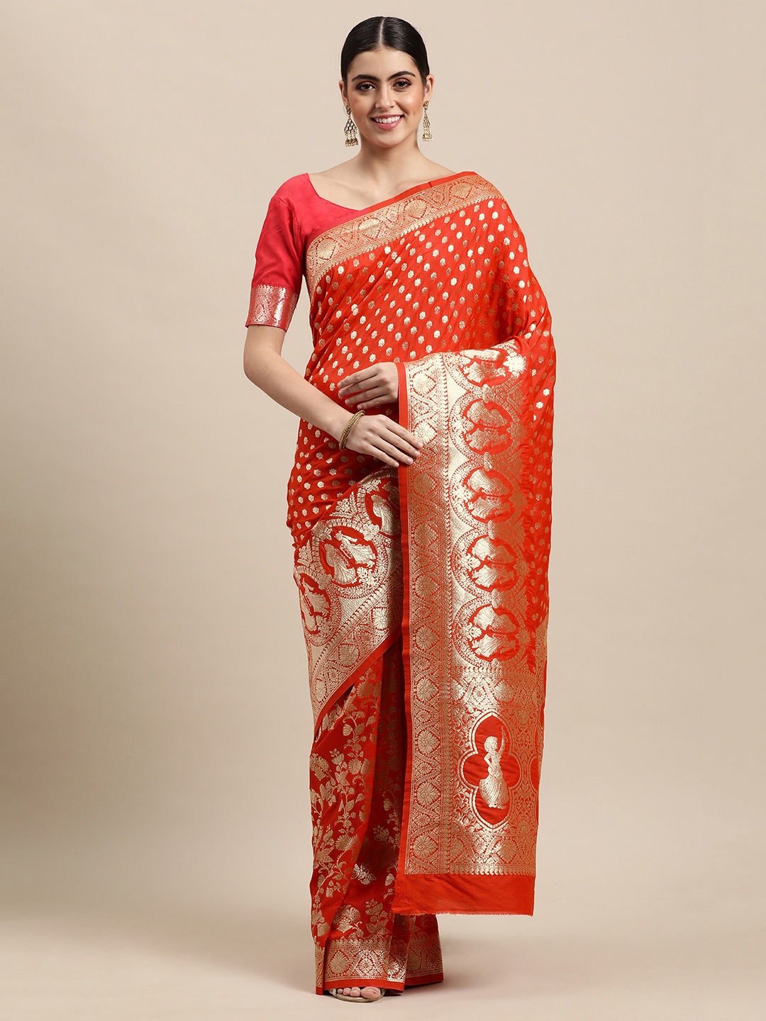 

VRSALES Red Floral Zari Silk Blend Banarasi Saree