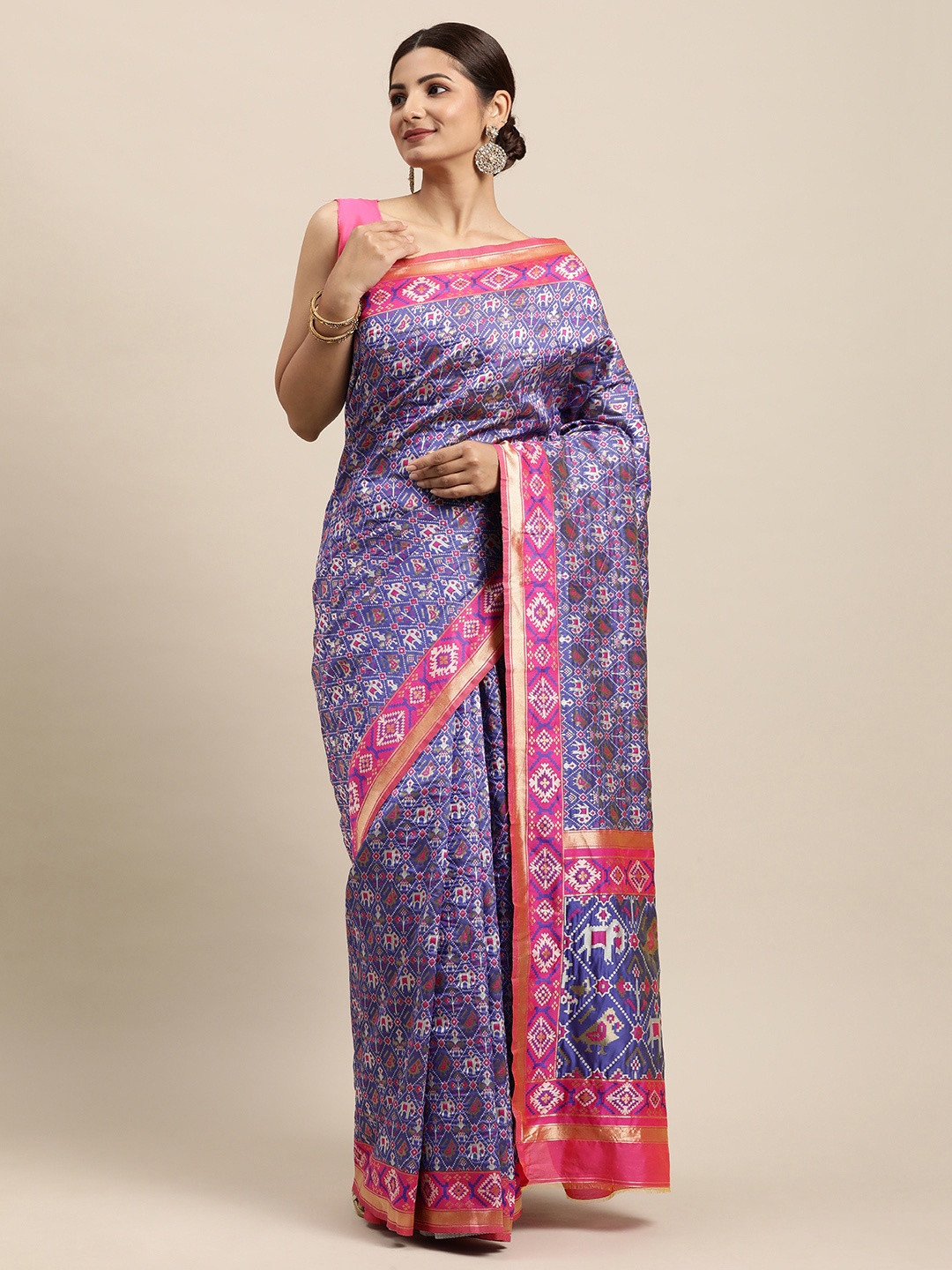 

VRSALES Blue & Pink Ethnic Motifs Zari Pure Silk Banarasi Saree