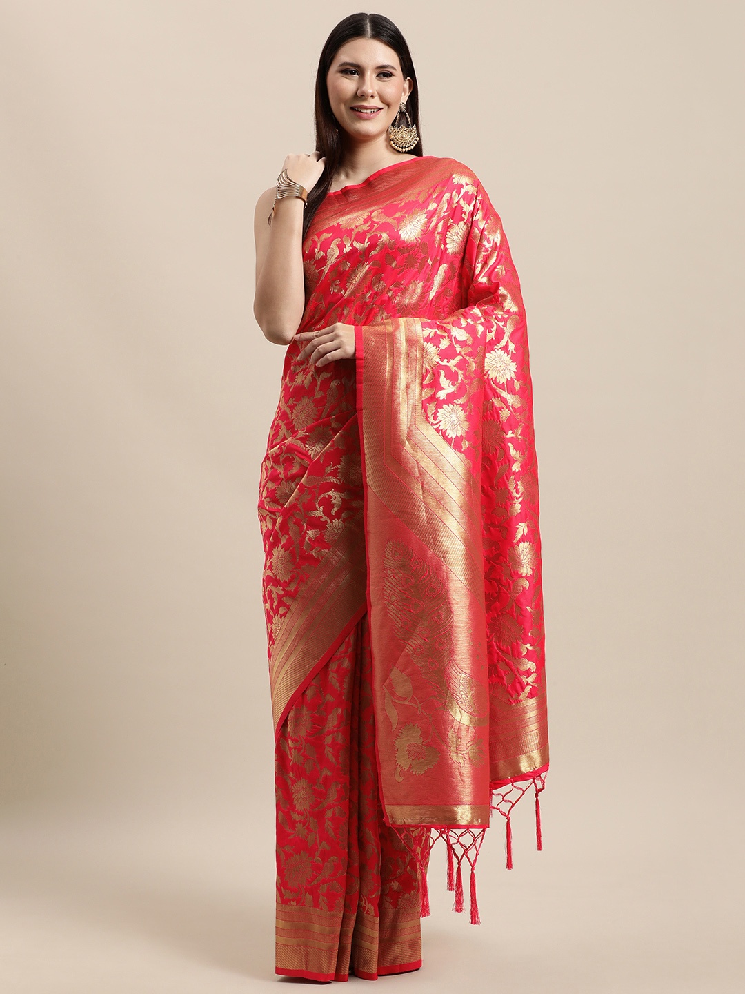 

VRSALES Pink & Gold-Toned Floral Zari Silk Blend Banarasi Saree