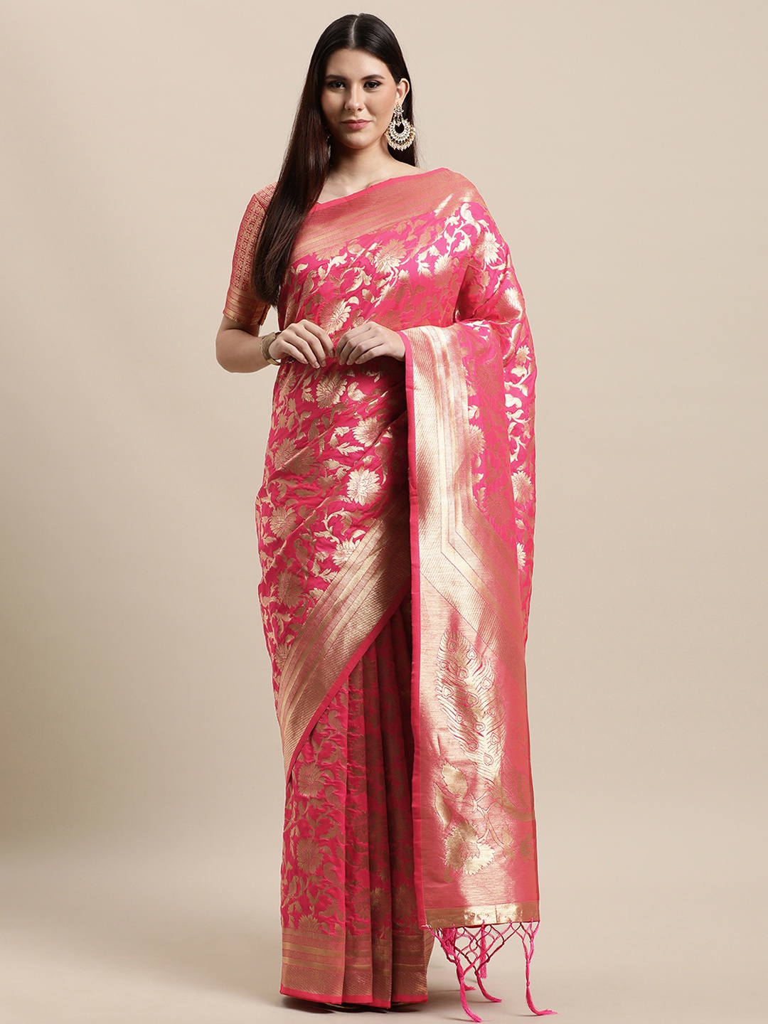 

VRSALES Pink & Golden Ethnic Motifs Zari Pure Silk Banarasi Saree