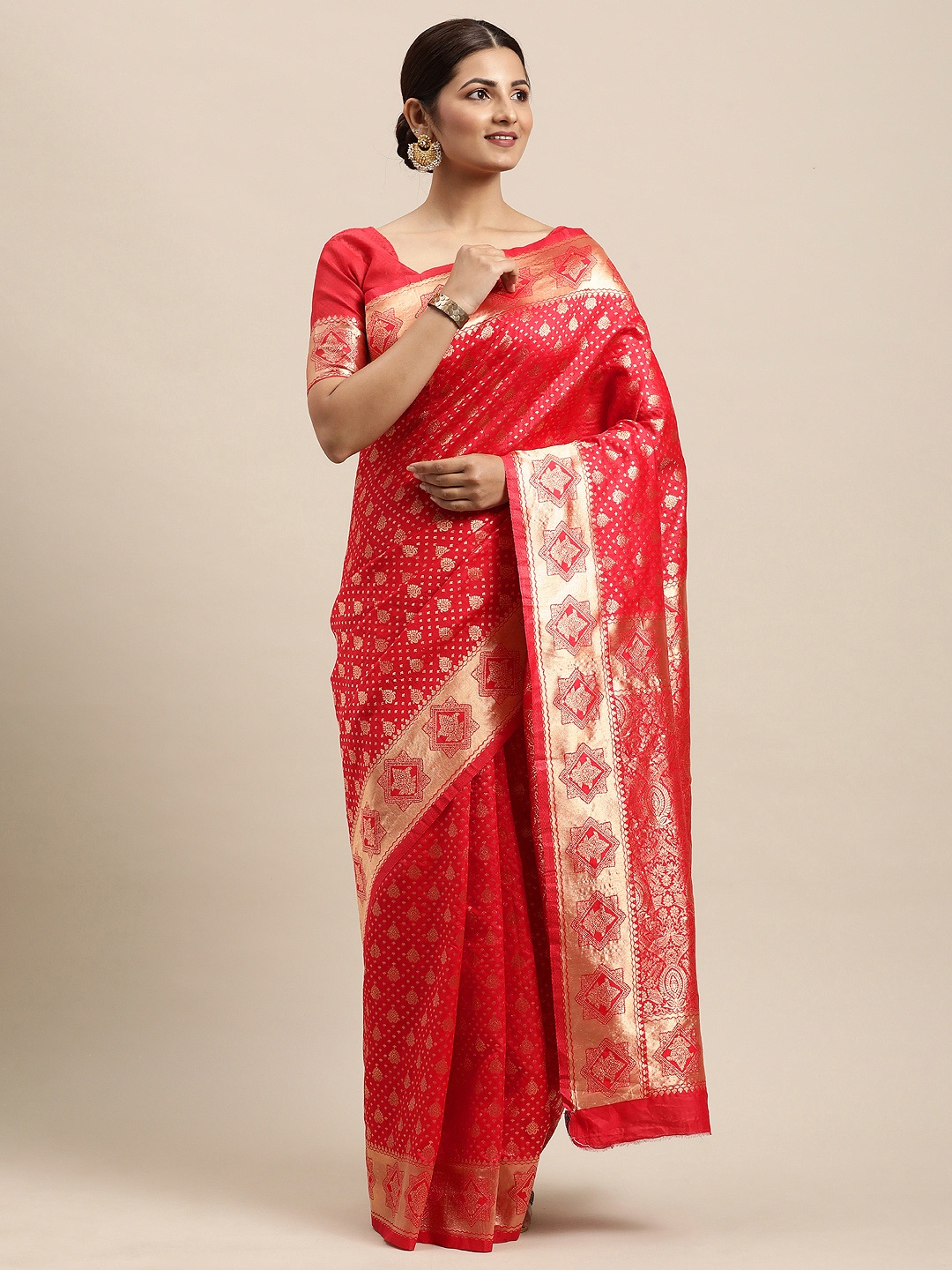 

VRSALES Red Ethnic Motifs Zari Silk Blend Banarasi Saree