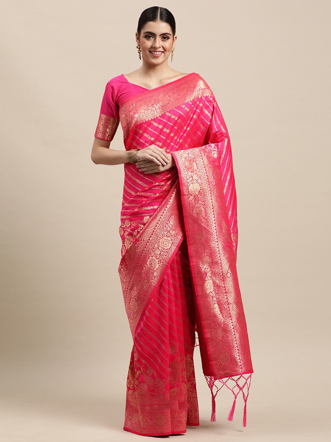

VRSALES Pink & Gold-Toned Ethnic Motifs Banarasi Silk Woven Saree