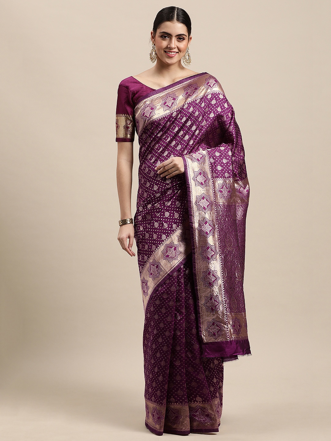 

VRSALES Purple Ethnic Motifs Zari Silk Blend Banarasi Saree