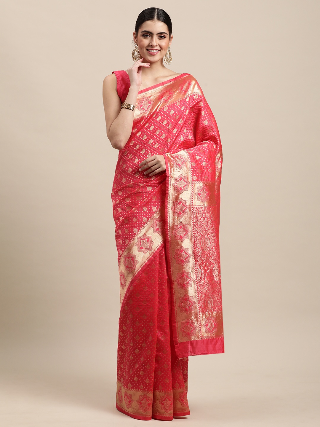 

VRSALES Pink Ethnic Motifs Zari Silk Blend Banarasi Saree