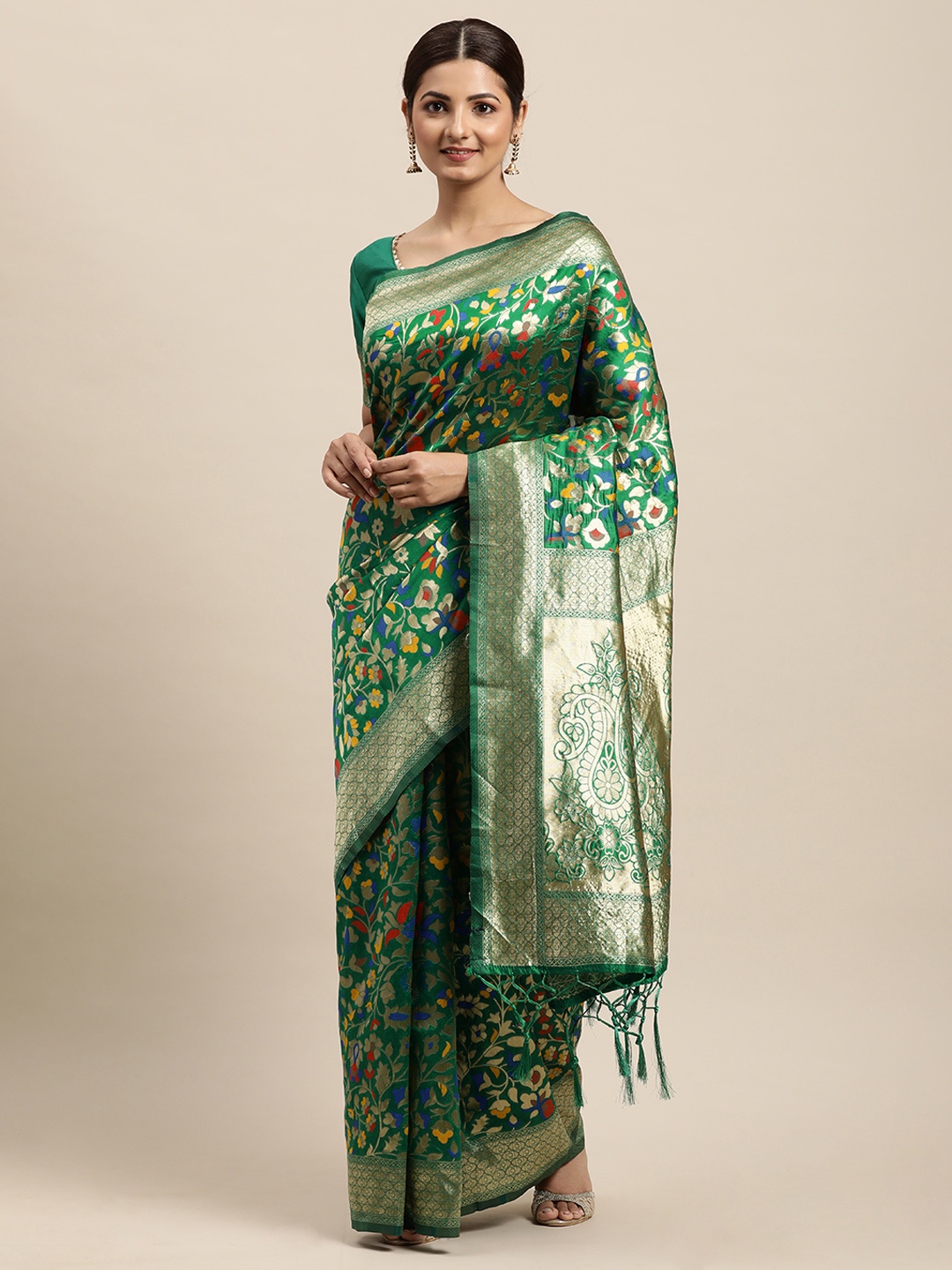 

VRSALES Green & Golden Ethnic Motifs Zari Pure Silk Banarasi Saree
