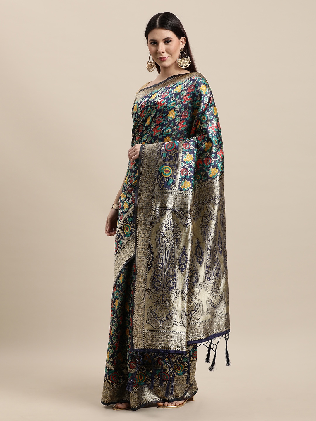 

VRSALES Navy Blue Floral Zari Silk Blend Banarasi Saree