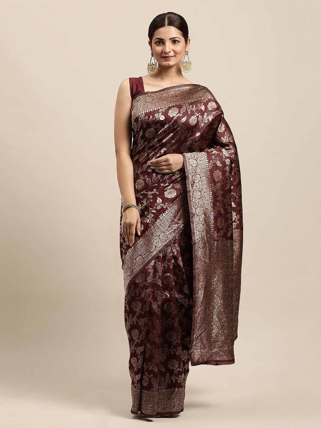 

VRSALES Burgundy Woven Design Zari Pure Silk Banarasi Saree with Blouse Piece