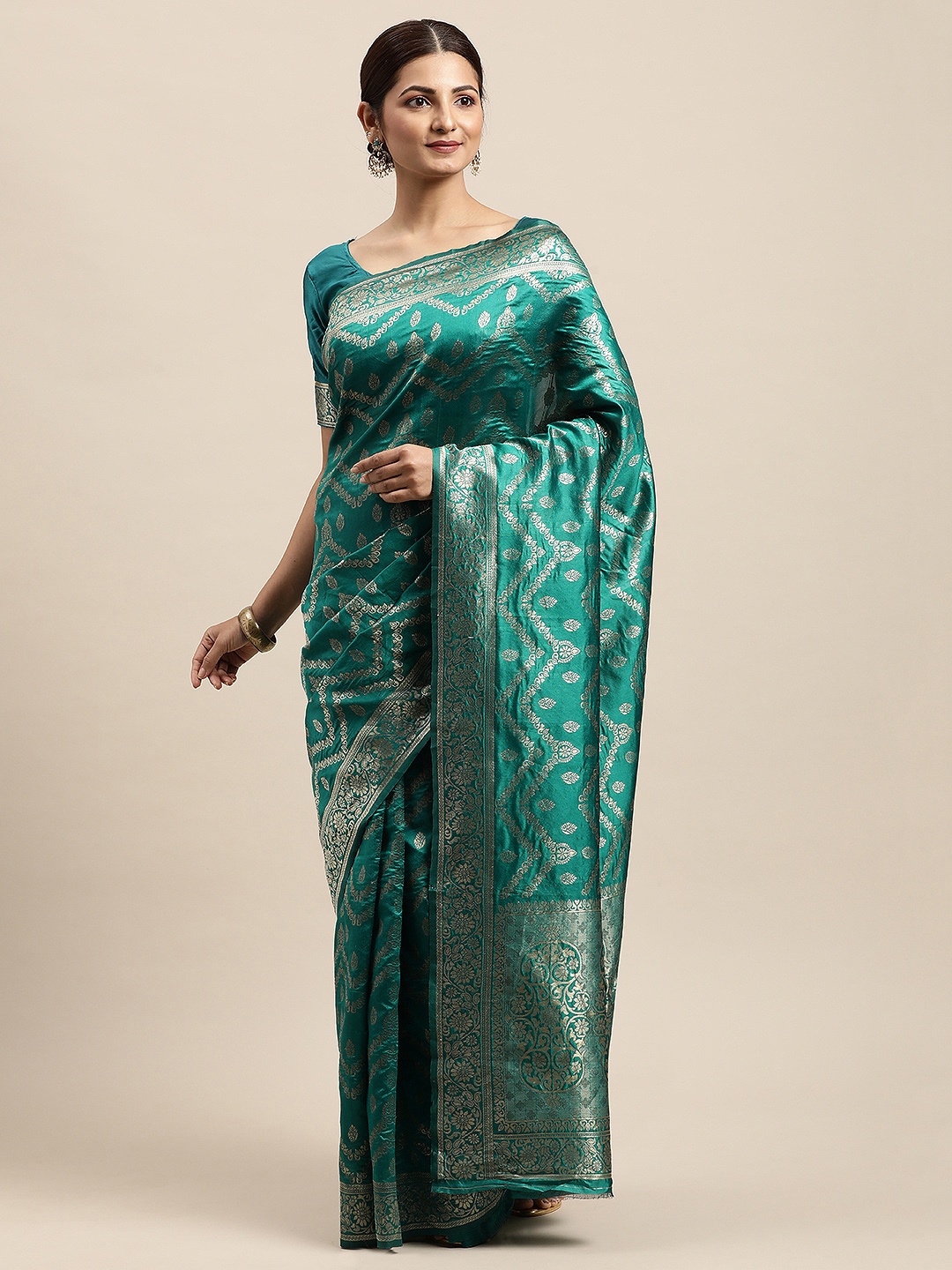 

VRSALES Sea Green Ethnic Motifs Zari Silk Blend Banarasi Saree