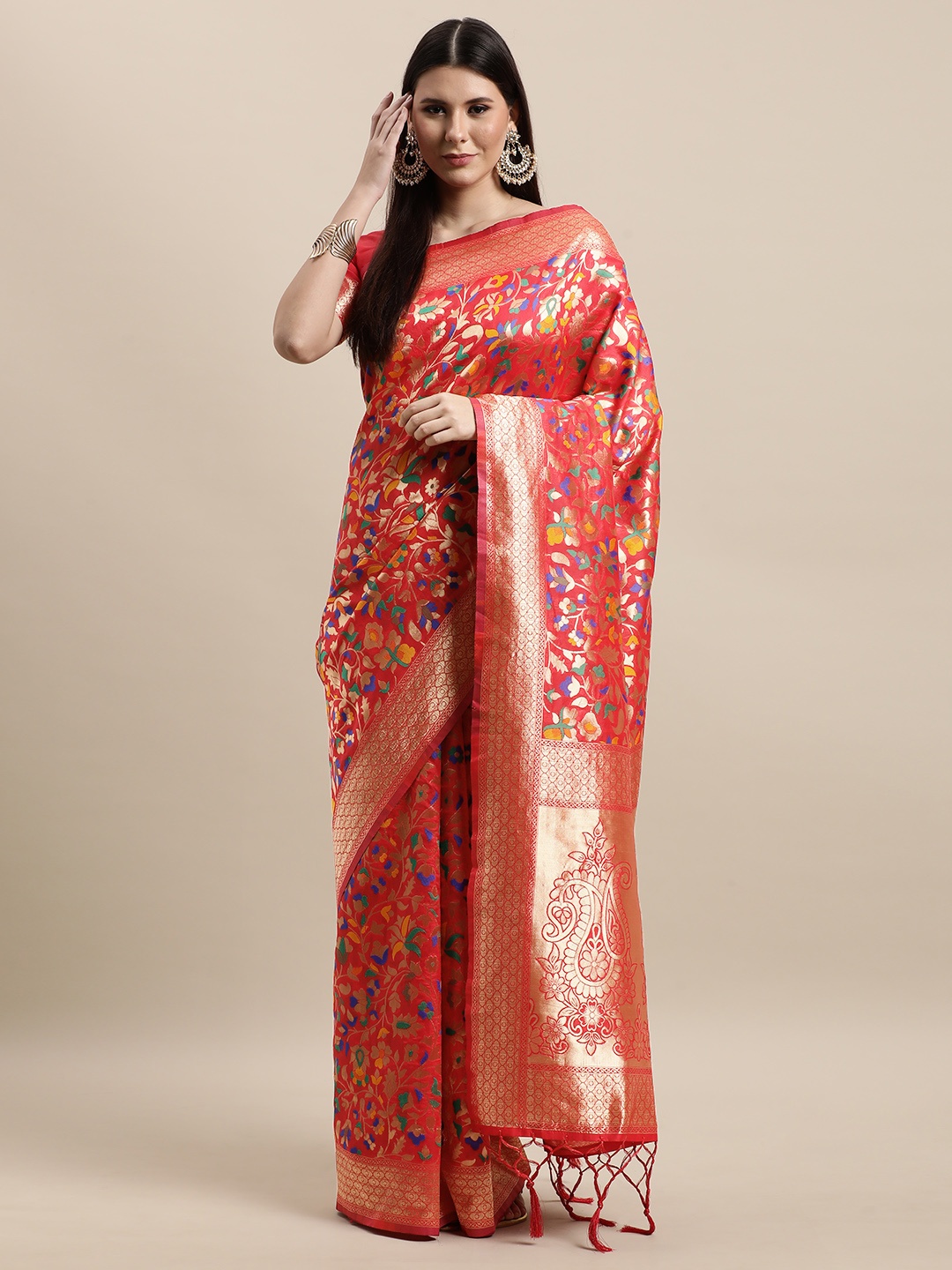 

VRSALES Red & Gold-Toned Floral Zari Silk Blend Banarasi Saree