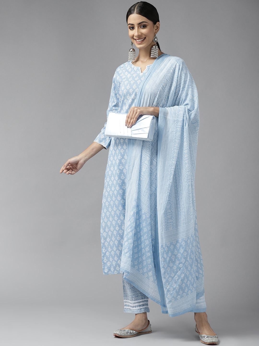 

Yufta Women Blue Ethnic Motifs Printed Pure Cotton Kurta with Trousers & Dupatta