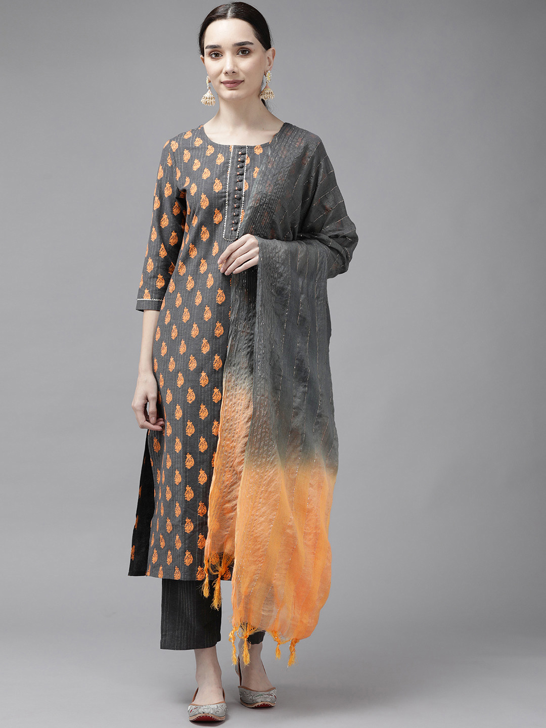 

Yufta Women Grey Ethnic Motifs Printed Pure Cotton Kurta with Trousers & With Dupatta