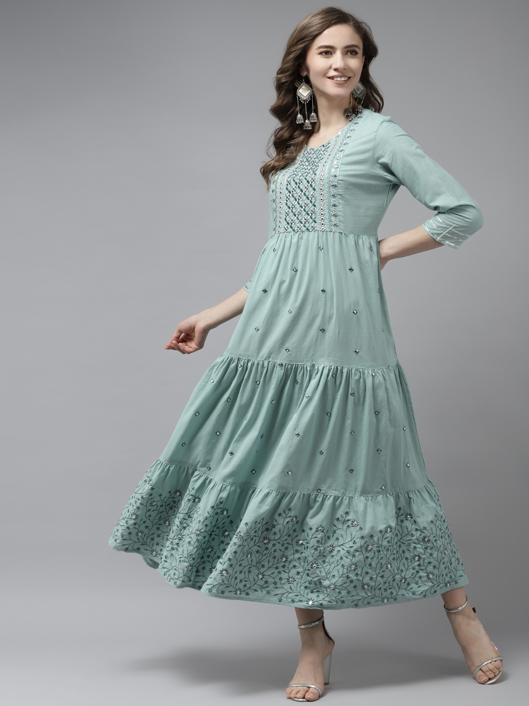 

Yufta Sea Green Embellished Embroidered Ethnic Maxi Dress