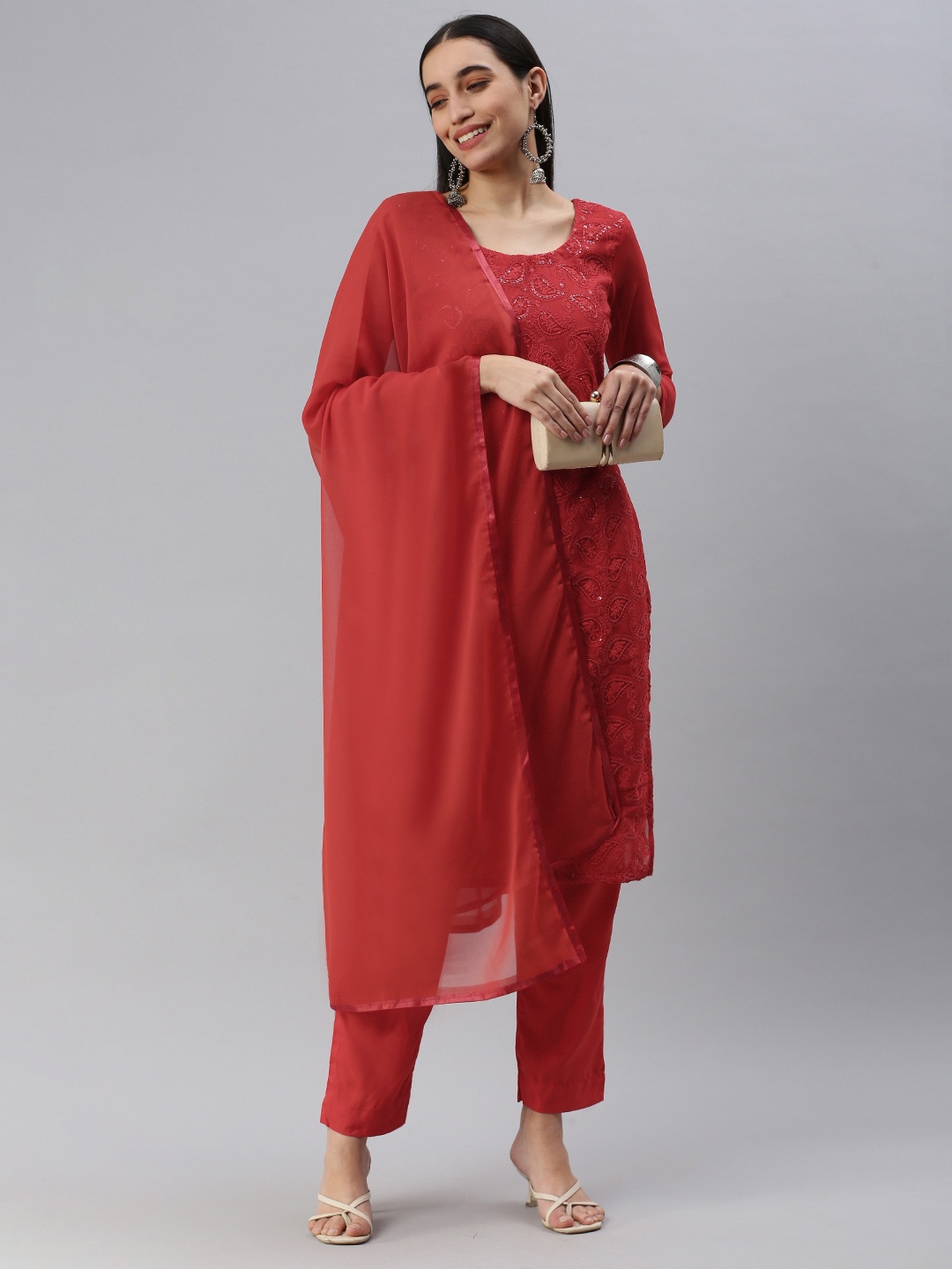 

KALINI Red Embroidered Unstitched Dress Material