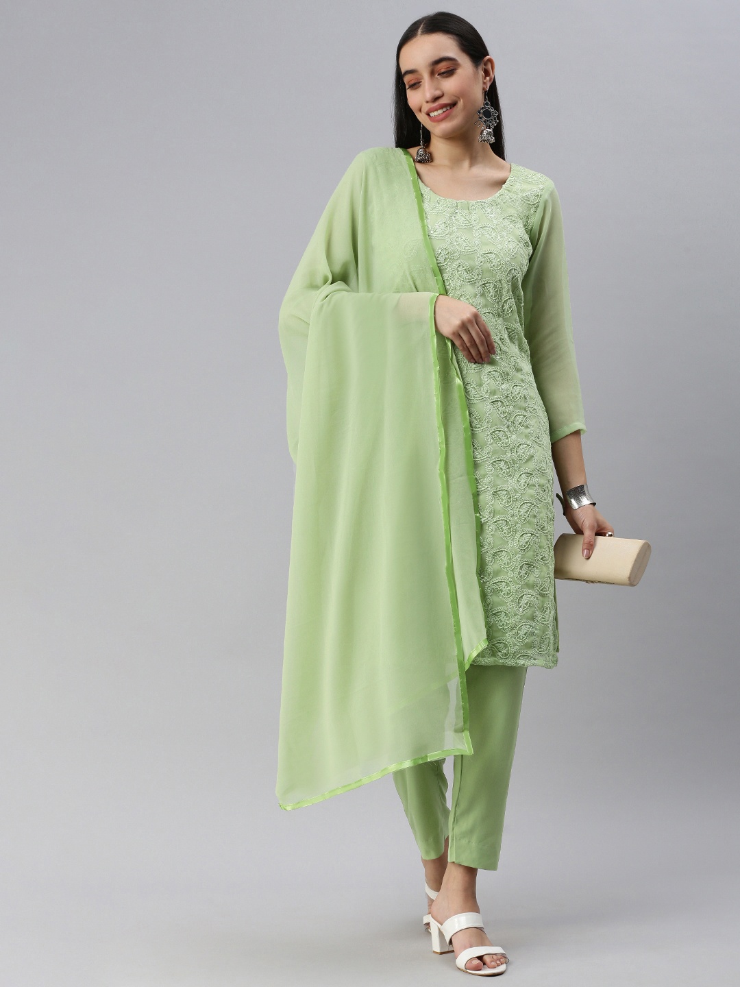 

KALINI Green Embroidered Unstitched Dress Material