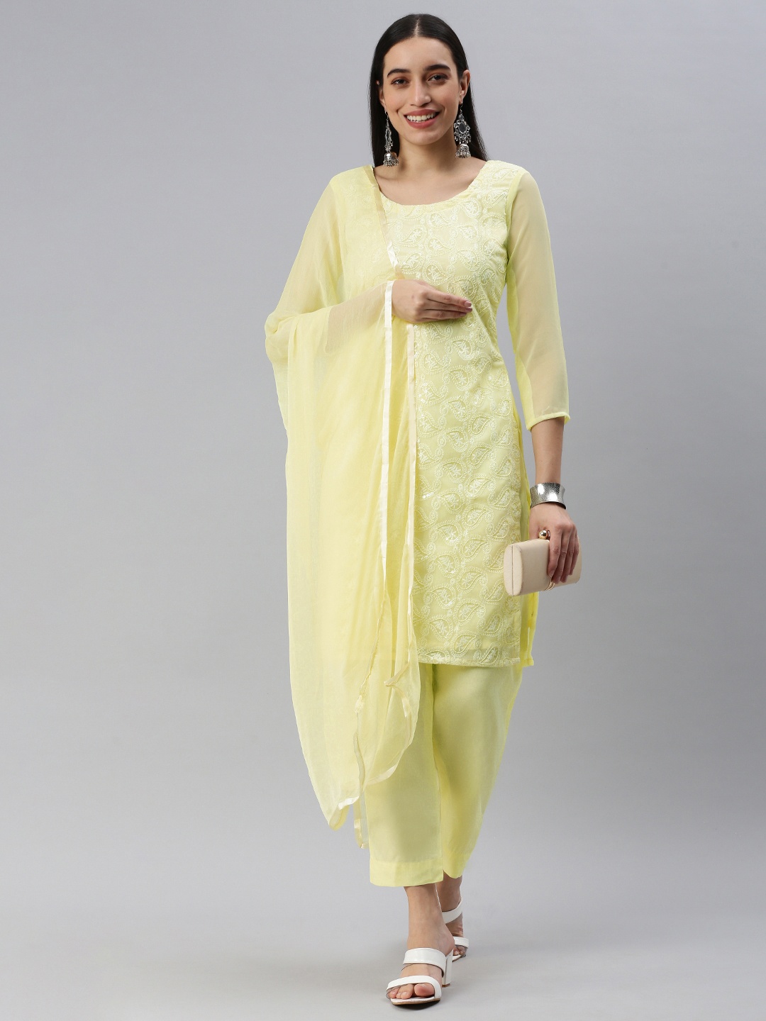 

KALINI Yellow Embroidered Unstitched Dress Material