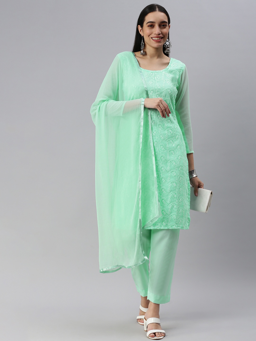 

KALINI Green Embroidered Unstitched Dress Material