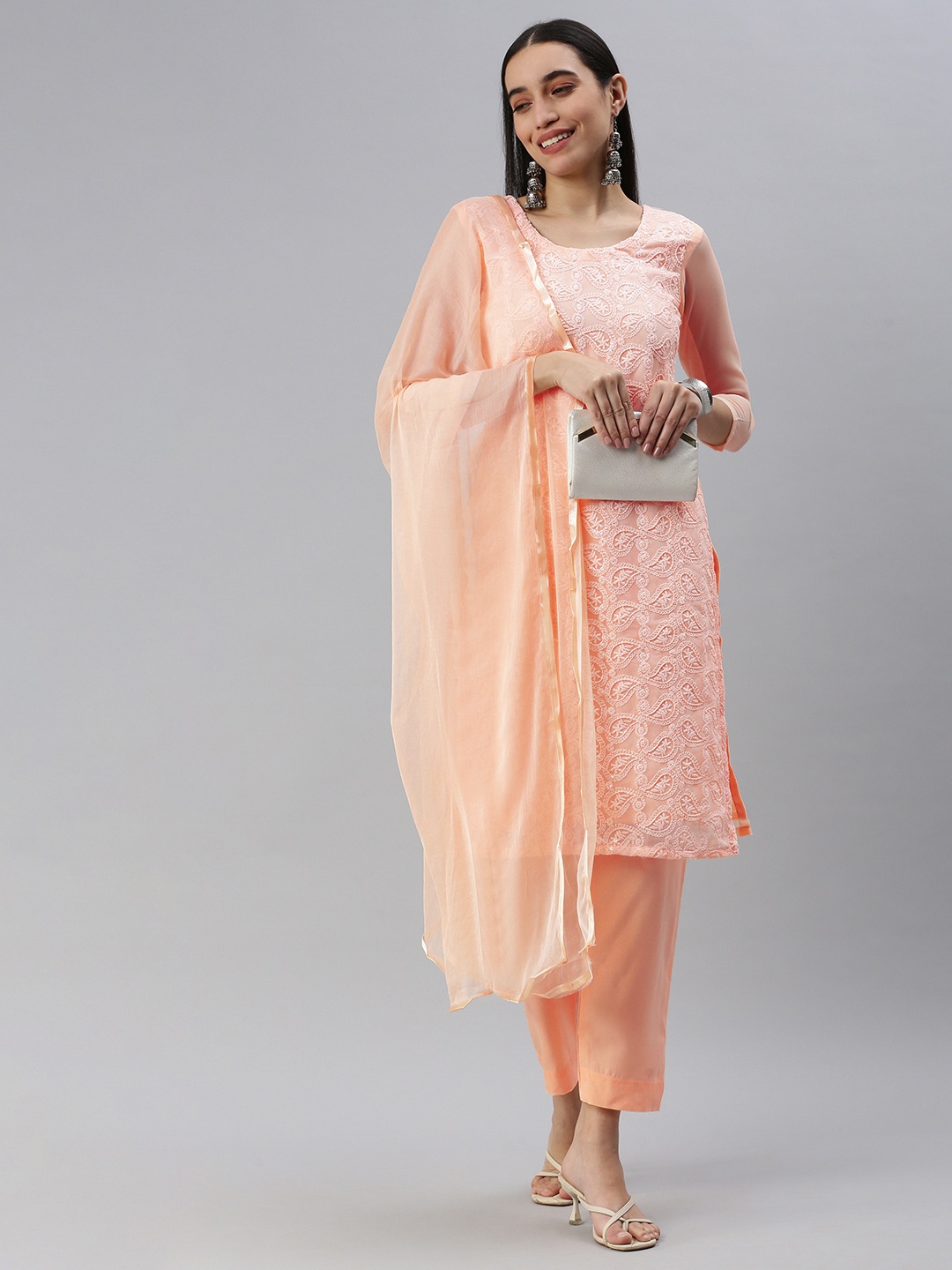 

KALINI Peach-Coloured Embroidered Unstitched Dress Material