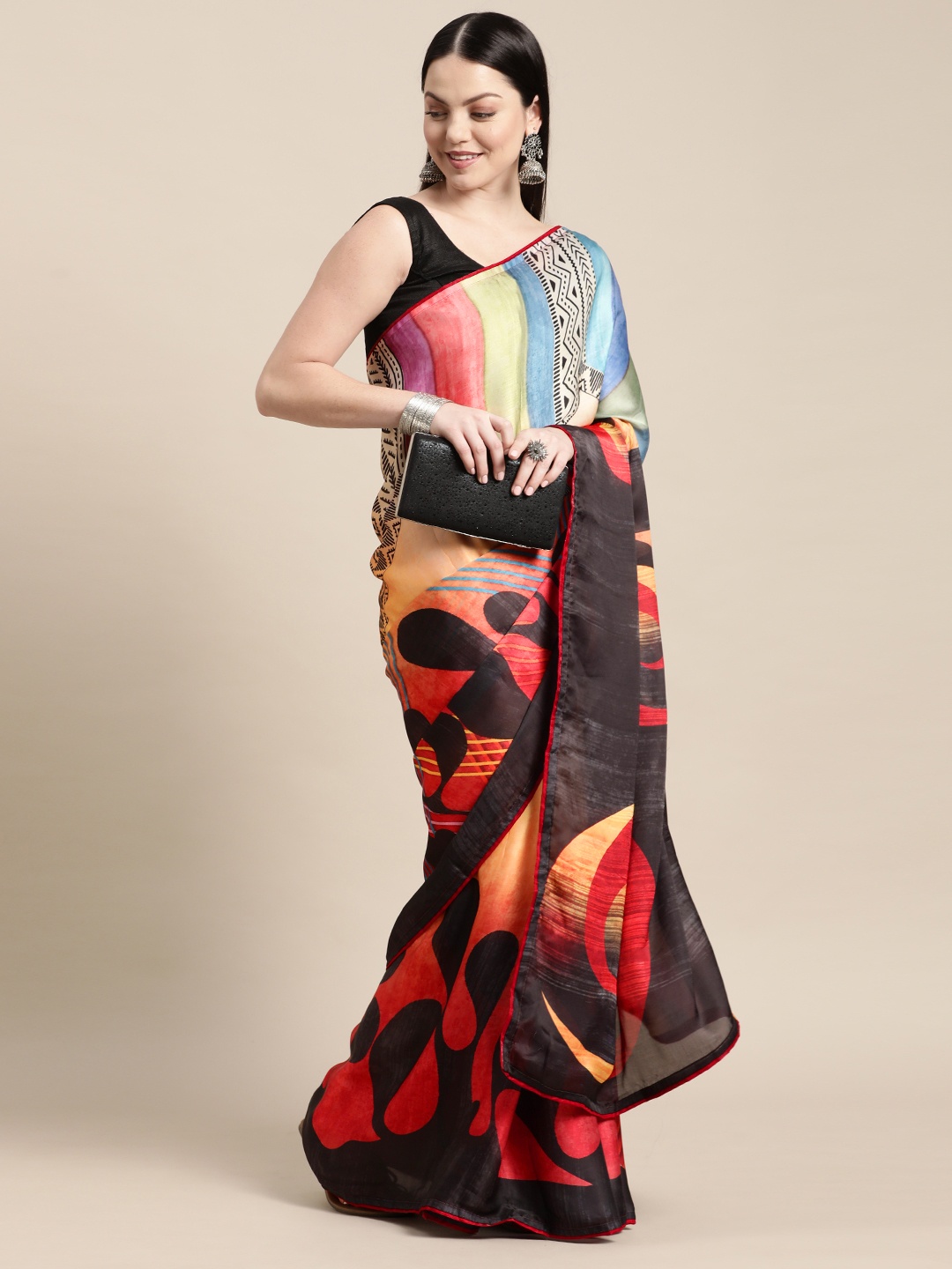 

Shaily Black & Peach-Coloured Satin Printed Saree