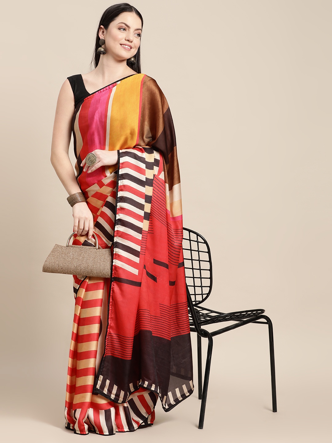 

Shaily Red & Cream-Coloured Striped Satin Half and Half Saree