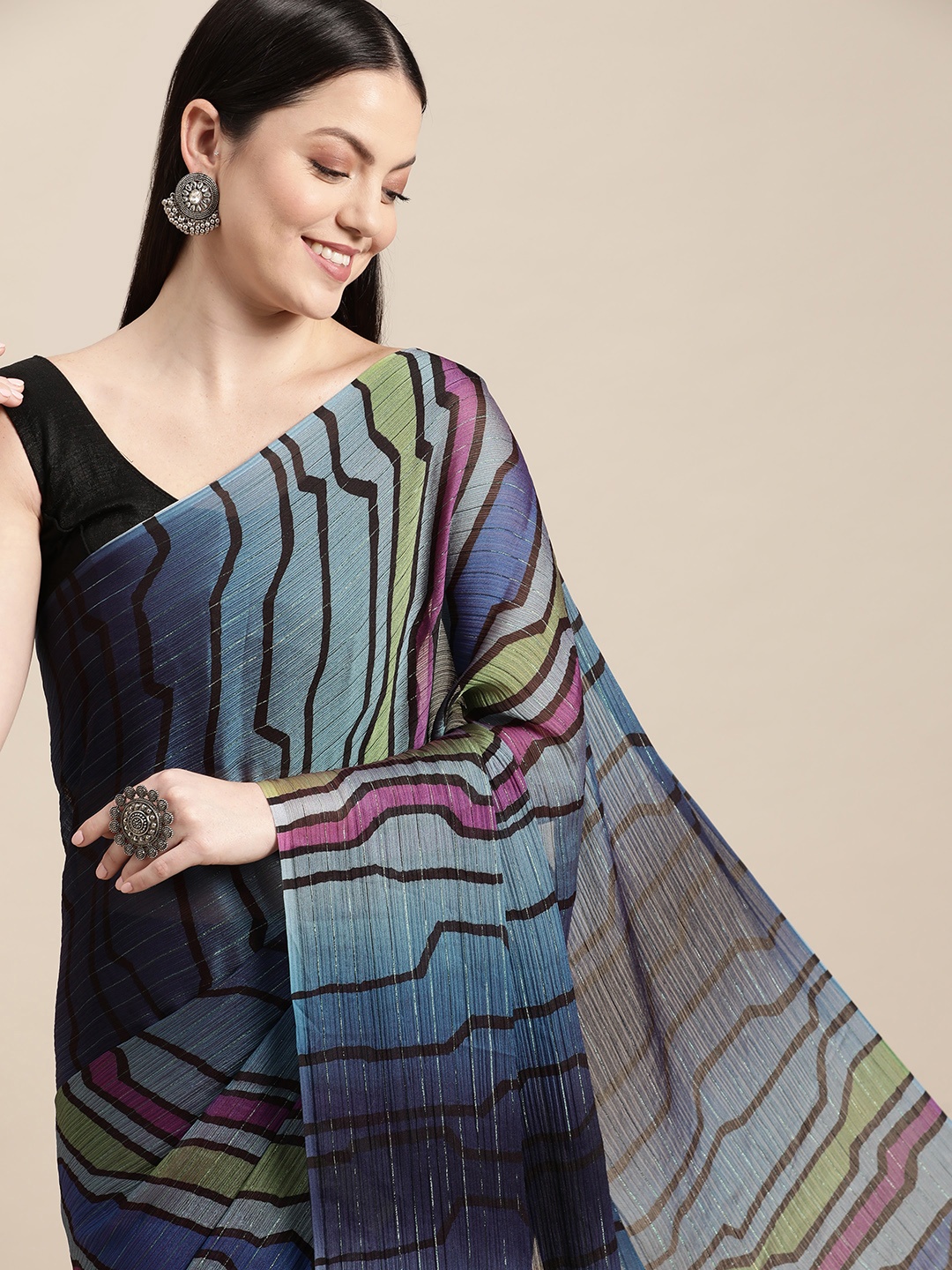 

Shaily Blue & Black Zari Pure Chiffon Half and Half Saree