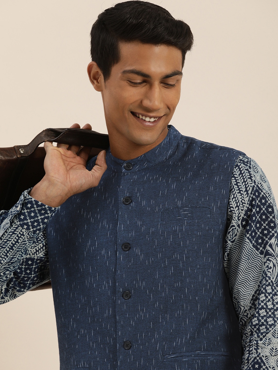 

Taavi Men Navy Blue Ikat Woven Design Sustainable Nehru Jacket with Mandarin Collar