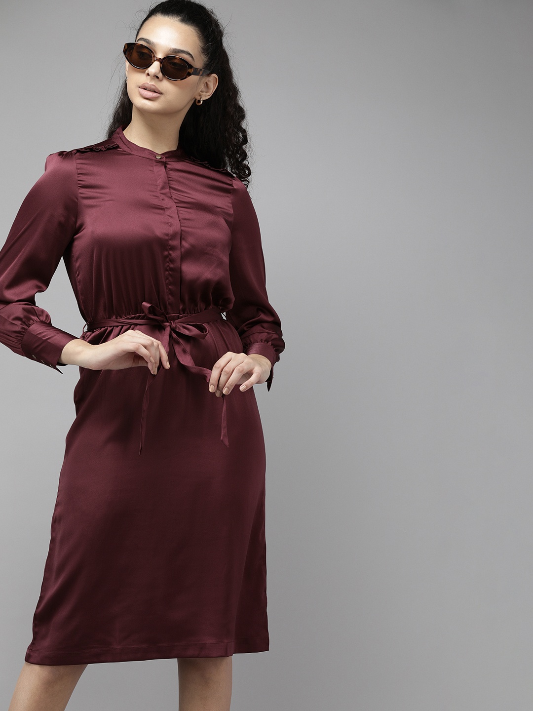 

Roadster Maroon Satin Shirt Dress